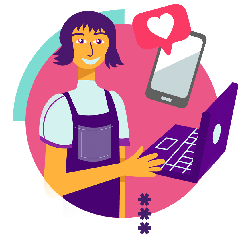 Gráfico: Mujer con computadora. Rúcula Digital Academy